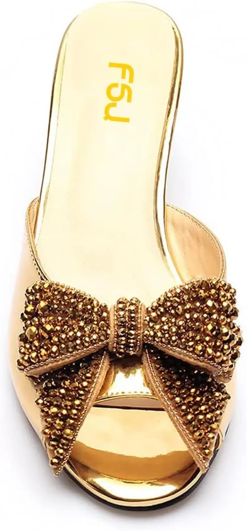 FSJ Women Rhinestone Bow Low Heel Mule Sandals Peep Toe Crystal Block Heel Slipper Shoes for Comfort Wedding Slides Size 4-16 US