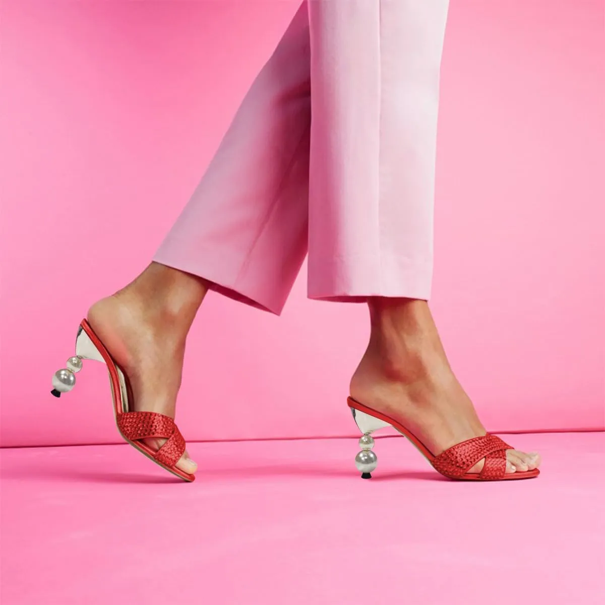 FSJ Women Rhinestone Heeled Sandals Open Peep Toe Pearls Heel Cross Strap Elegant Mule Slip On Wedding Party High Heel Slippers Size 4-16 US