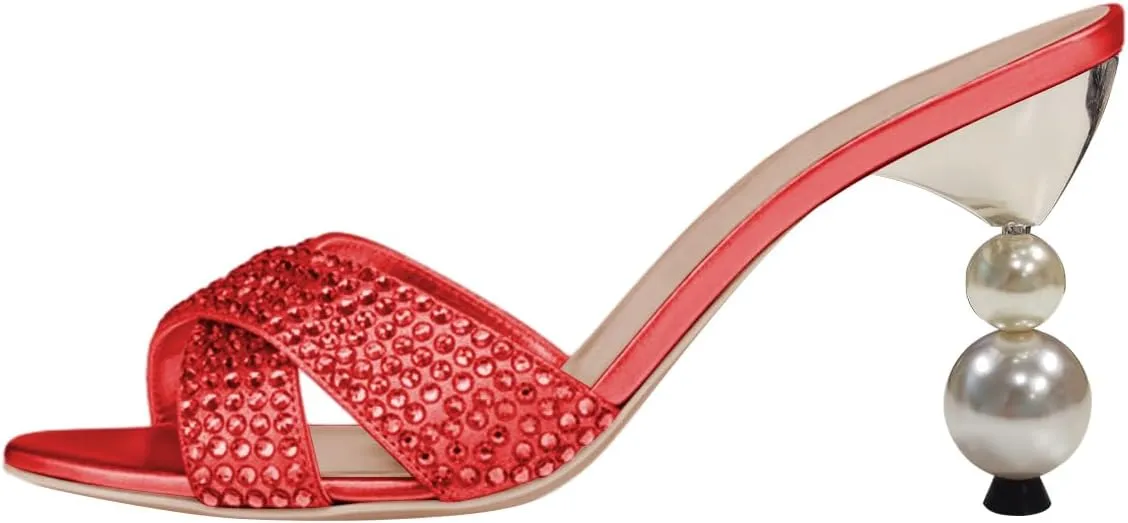 FSJ Women Rhinestone Heeled Sandals Open Peep Toe Pearls Heel Cross Strap Elegant Mule Slip On Wedding Party High Heel Slippers Size 4-16 US