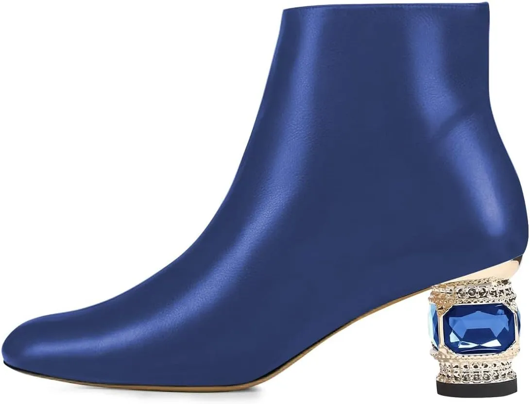 FSJ Women Round Toe Crystal Chunky Block Low Heel Ankle Boots Fashion Side Zipper Casual Prom Walking Shoes Size 4-16 US