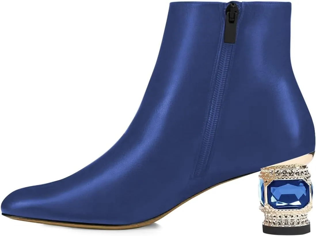 FSJ Women Round Toe Crystal Chunky Block Low Heel Ankle Boots Fashion Side Zipper Casual Prom Walking Shoes Size 4-16 US
