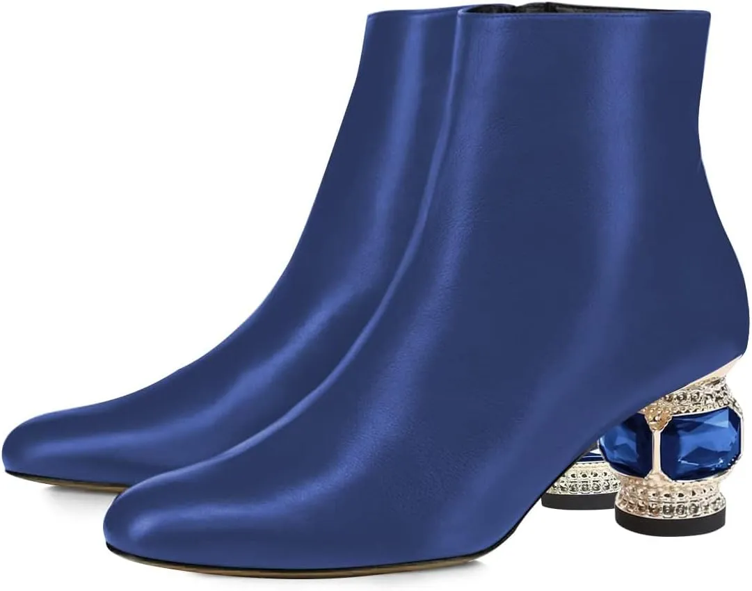 FSJ Women Round Toe Crystal Chunky Block Low Heel Ankle Boots Fashion Side Zipper Casual Prom Walking Shoes Size 4-16 US