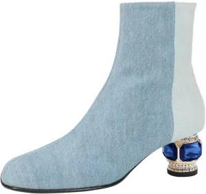 FSJ Women Round Toe Crystal Chunky Block Low Heel Ankle Boots Fashion Side Zipper Casual Prom Walking Shoes Size 4-16 US