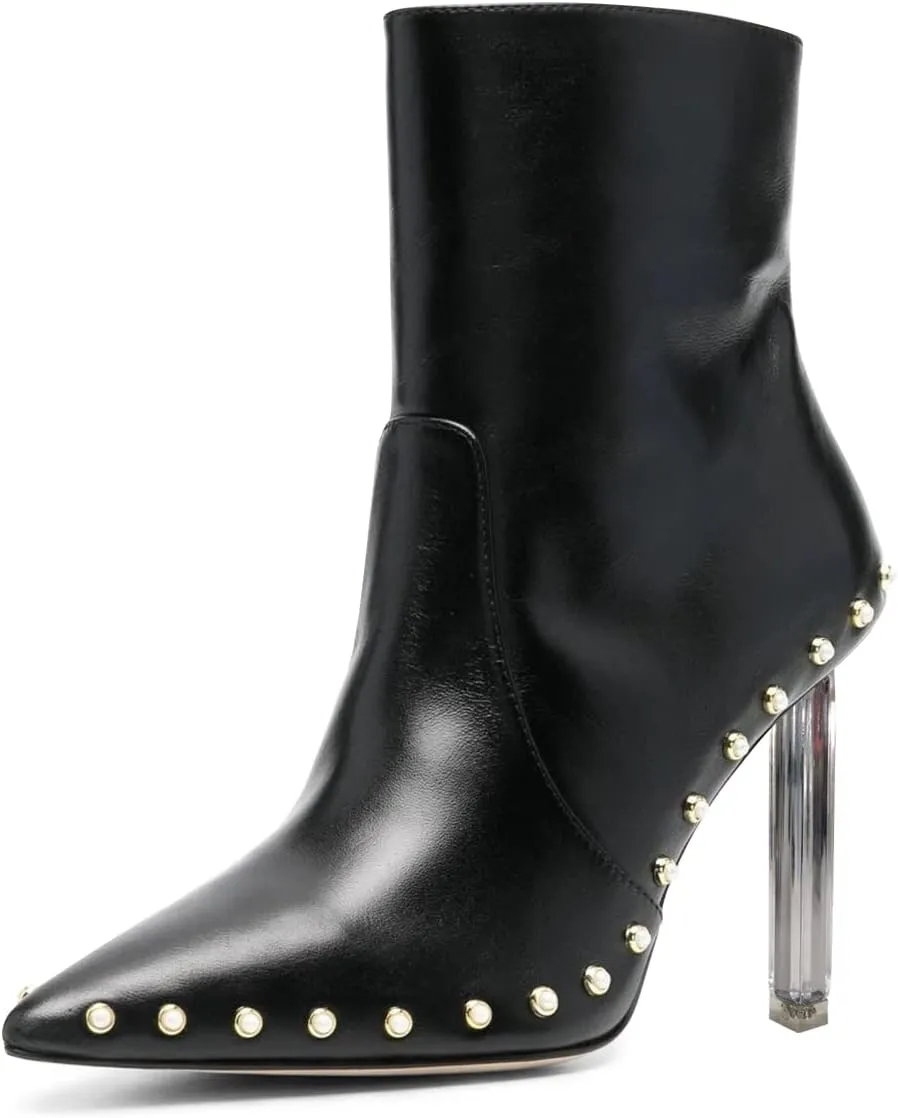 FSJ Women Sexy Studded Pointed Toe Bootie Clear Metal High Heels Ankle Boots Stiletto Pearls Classic Side Zipper Fall Winter Comfy Boots Size 4-15 US