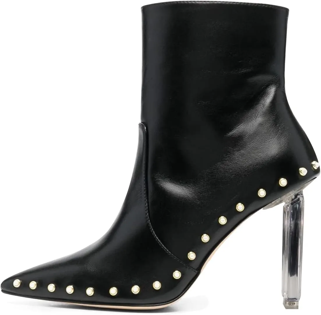 FSJ Women Sexy Studded Pointed Toe Bootie Clear Metal High Heels Ankle Boots Stiletto Pearls Classic Side Zipper Fall Winter Comfy Boots Size 4-15 US