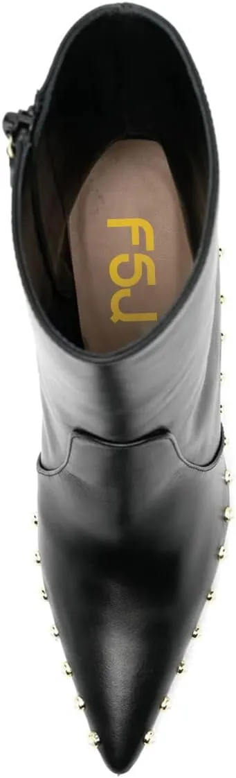 FSJ Women Sexy Studded Pointed Toe Bootie Clear Metal High Heels Ankle Boots Stiletto Pearls Classic Side Zipper Fall Winter Comfy Boots Size 4-15 US