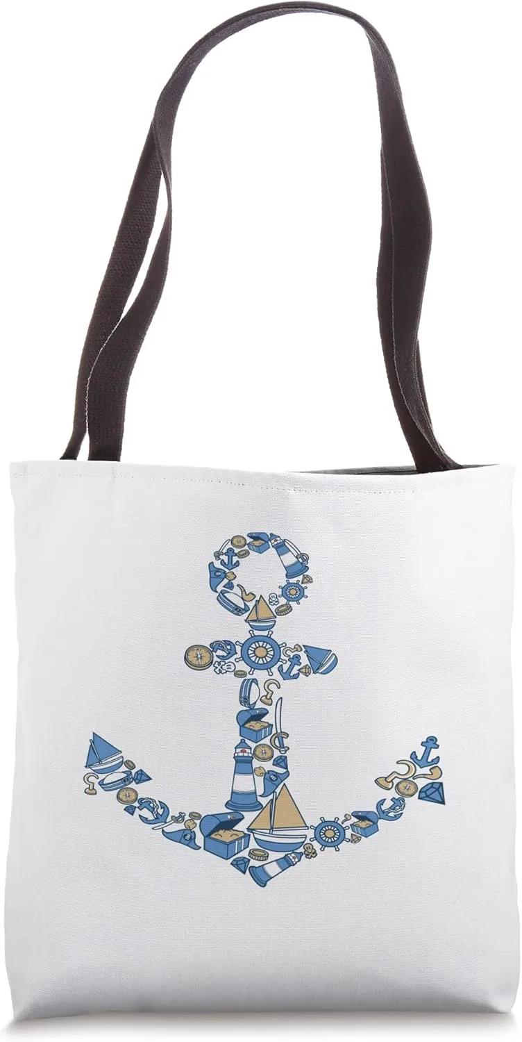 FUN ANCHER SHIRT. SEA SHELLS, LIGHT HOUSE, BOAT WHEEL, HOOK Tote Bag
