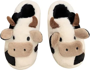 Fuzzy Cow Slippers for Women Men, Cute Cotton Animals House Shoes Fluffy Plush Slippers for Girls Indoor Living Room Bedroom
