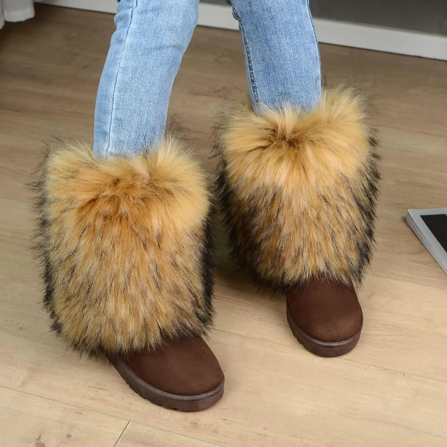 Fuzzy Fluffy Boots for Women Classic Warm Suede Slip On Mid-calf Snow Boot Comfortable Natural Fur Winter Flat Shoes Girl Outdoor Indoor