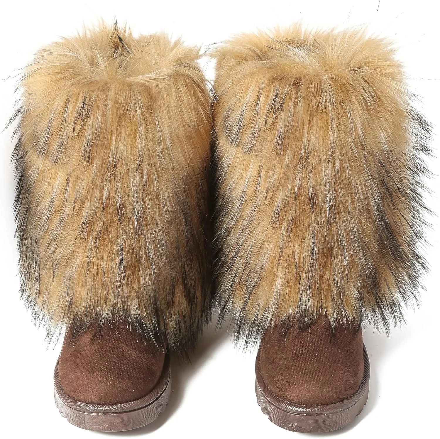 Fuzzy Fluffy Boots for Women Classic Warm Suede Slip On Mid-calf Snow Boot Comfortable Natural Fur Winter Flat Shoes Girl Outdoor Indoor