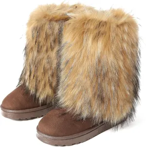Fuzzy Fluffy Boots for Women Classic Warm Suede Slip On Mid-calf Snow Boot Comfortable Natural Fur Winter Flat Shoes Girl Outdoor Indoor