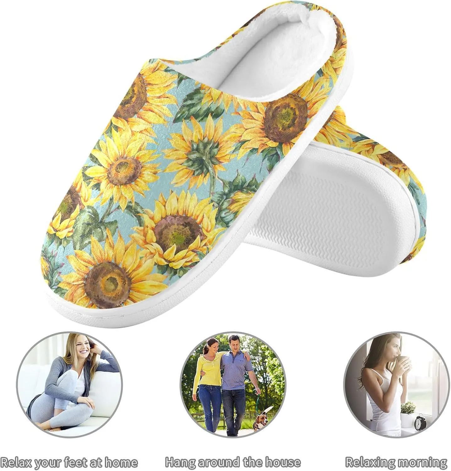 GAIGEO Mens House Slippers Sunny Sunflowers Blue, Memory Foam Warm Slippers for Women, Soft Comfort for Home or Outdoor Use