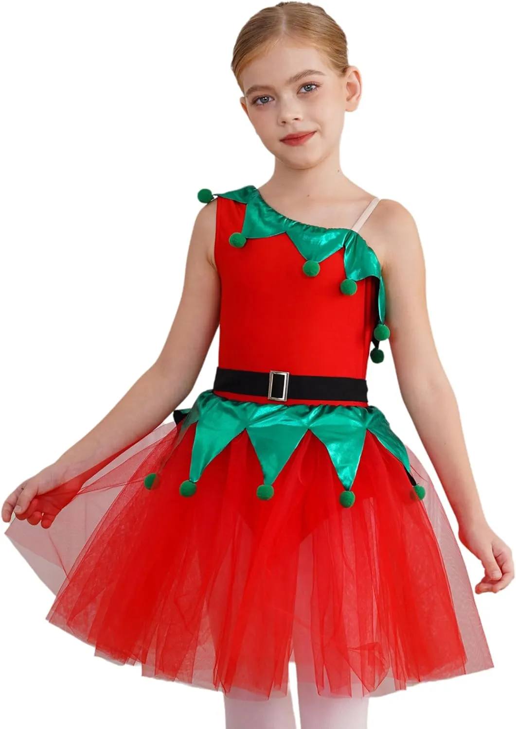 Girls Christmas Clothes Sleeveless One Shoulder Tutu Dress Figure Ice Skating Dress Dance Dress Leotards