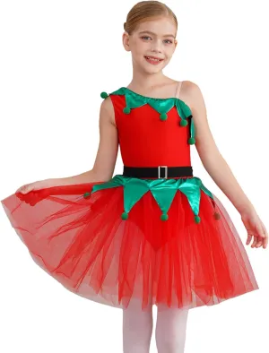 Girls Christmas Clothes Sleeveless One Shoulder Tutu Dress Figure Ice Skating Dress Dance Dress Leotards