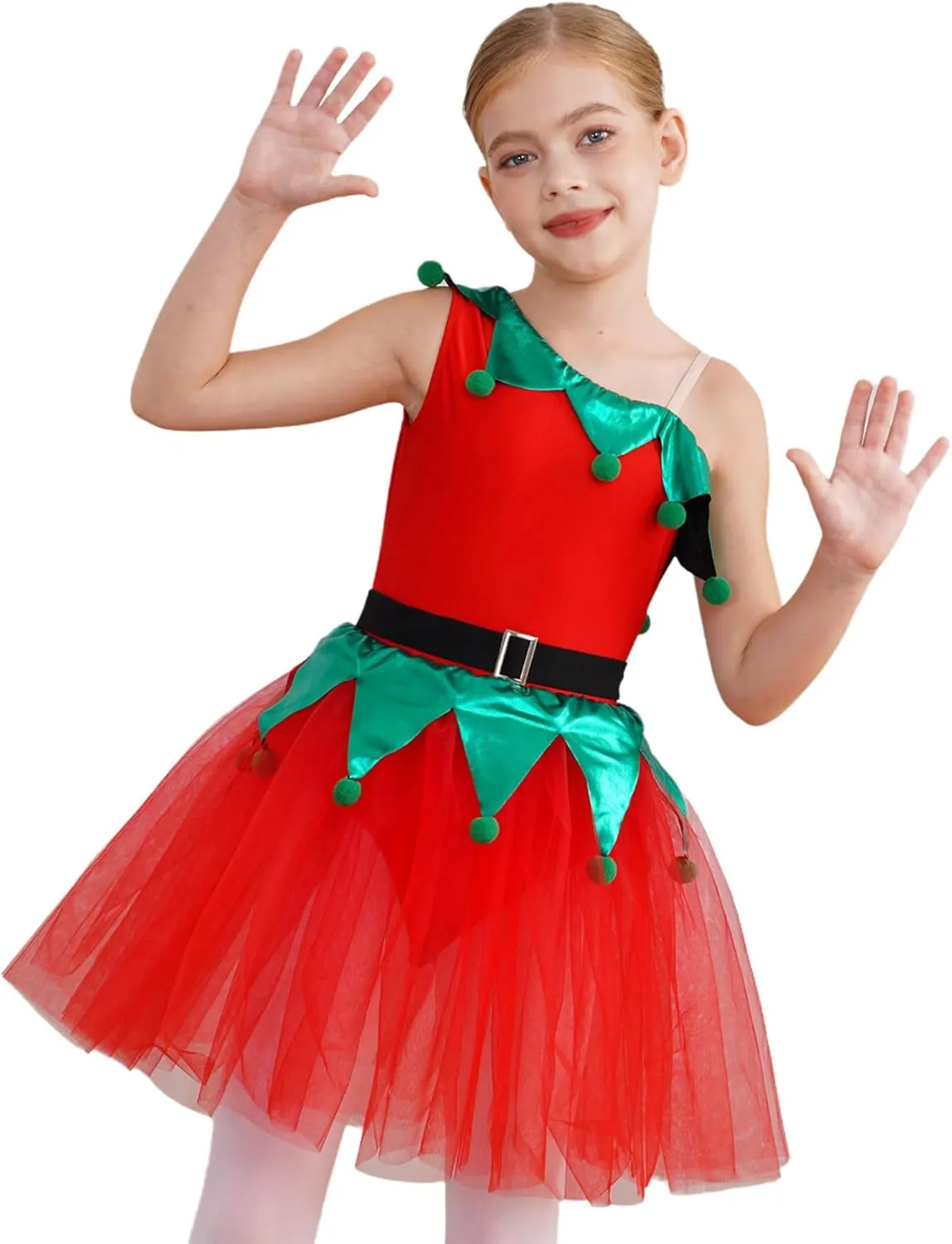 Girls Christmas Clothes Sleeveless One Shoulder Tutu Dress Figure Ice Skating Dress Dance Dress Leotards
