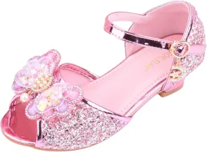 Girls Glitter Butterfly Sandals Low Heels Shiny Dress Shoes with Bow Party Wedding Flower Shoes for Toddler Kids