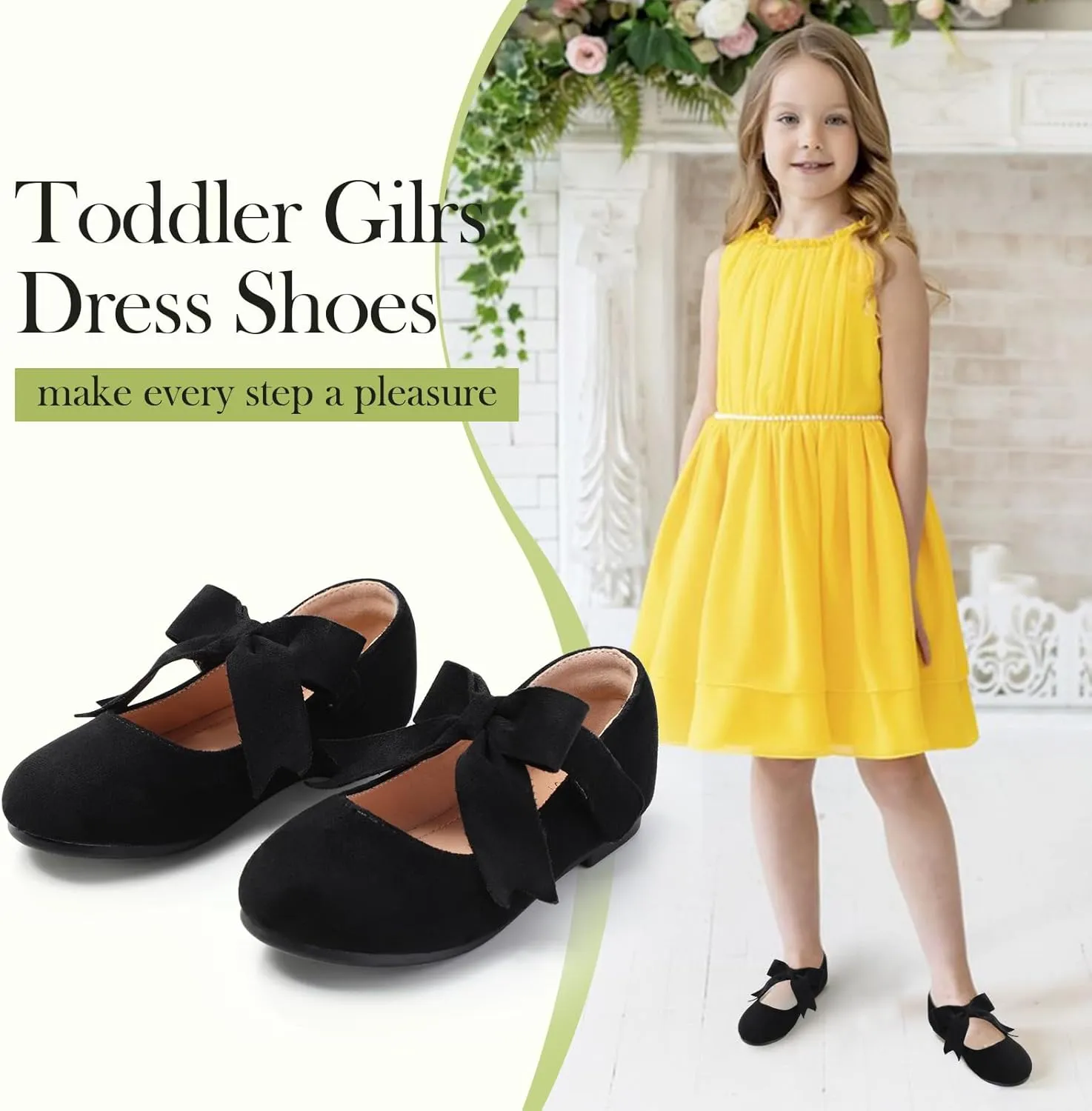 Girls Mary Jane Flats - Soft Round Toe Dress Shoes with Non-Slip Soles | Cute Bow Ballet Flats for Weddings, School, Parties (Toddler/Kids Sizes)
