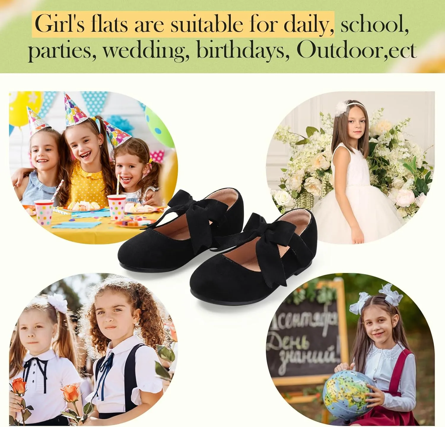 Girls Mary Jane Flats - Soft Round Toe Dress Shoes with Non-Slip Soles | Cute Bow Ballet Flats for Weddings, School, Parties (Toddler/Kids Sizes)