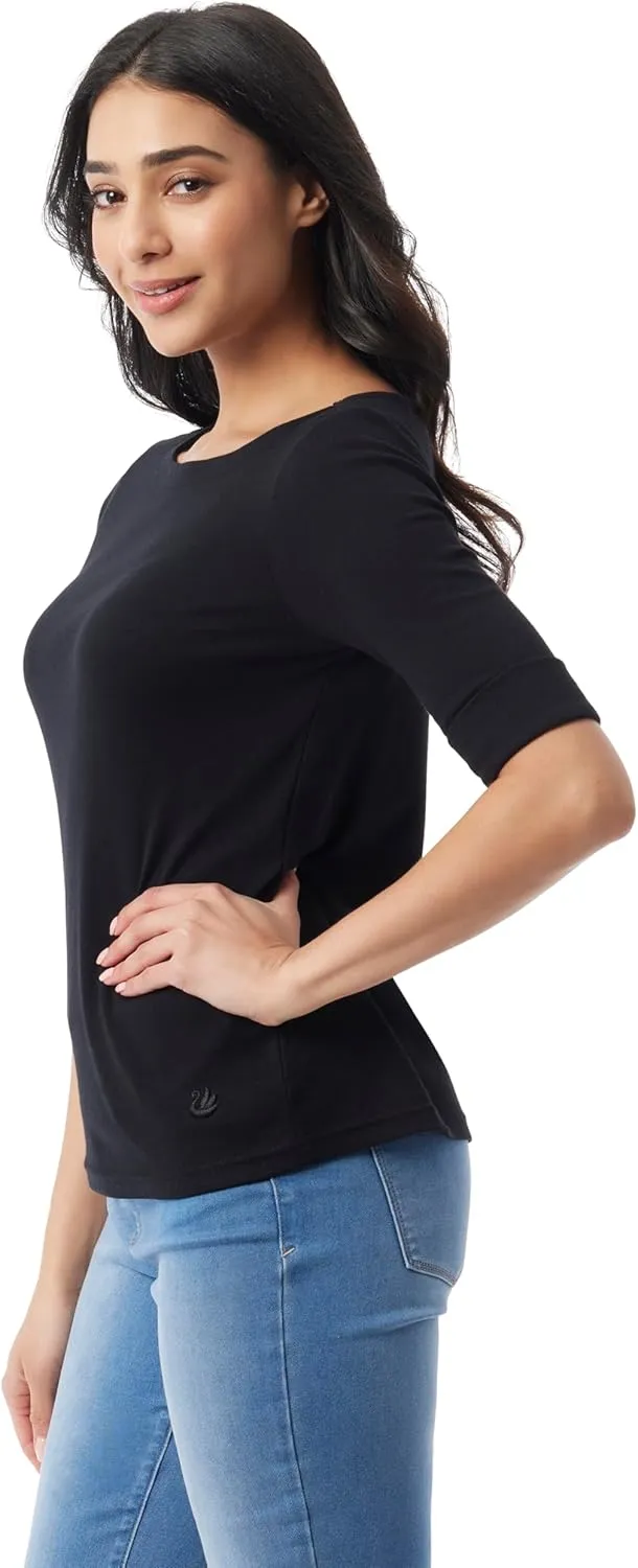 Gloria Vanderbilt Women's Alanis Boat Neck Knit Tee Shirt with Elbow Sleeves Standard