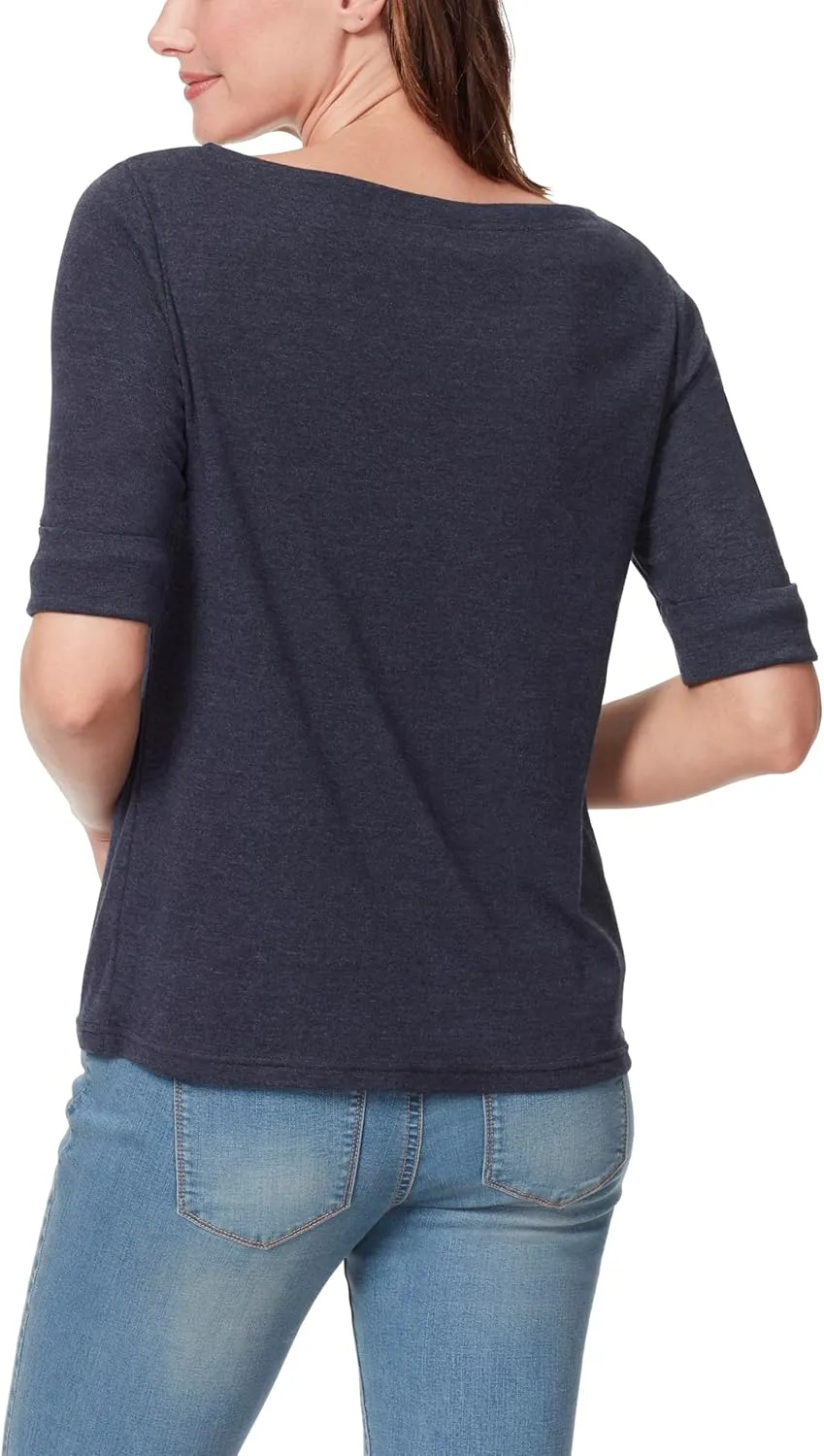 Gloria Vanderbilt Women's Alanis Boat Neck Knit Tee Shirt with Elbow Sleeves Standard