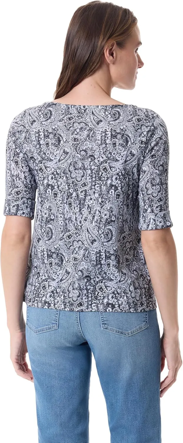 Gloria Vanderbilt Women's Alanis Boat Neck Knit Tee Shirt with Elbow Sleeves Standard