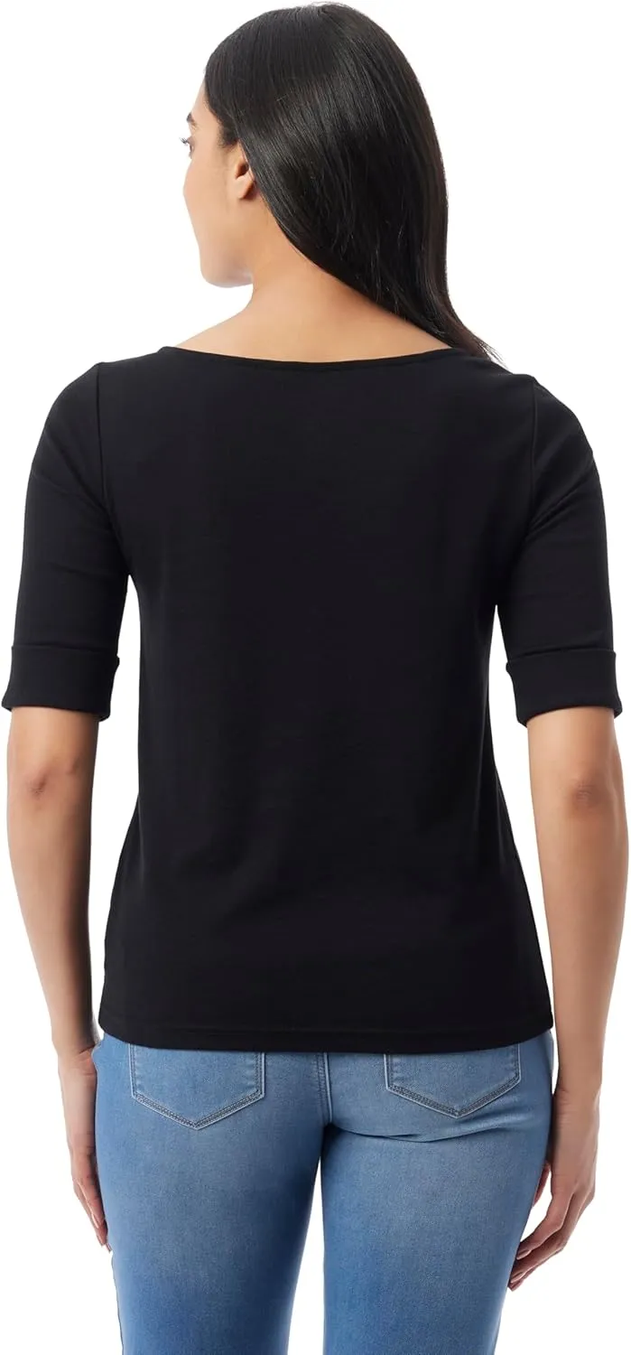 Gloria Vanderbilt Women's Alanis Boat Neck Knit Tee Shirt with Elbow Sleeves Standard
