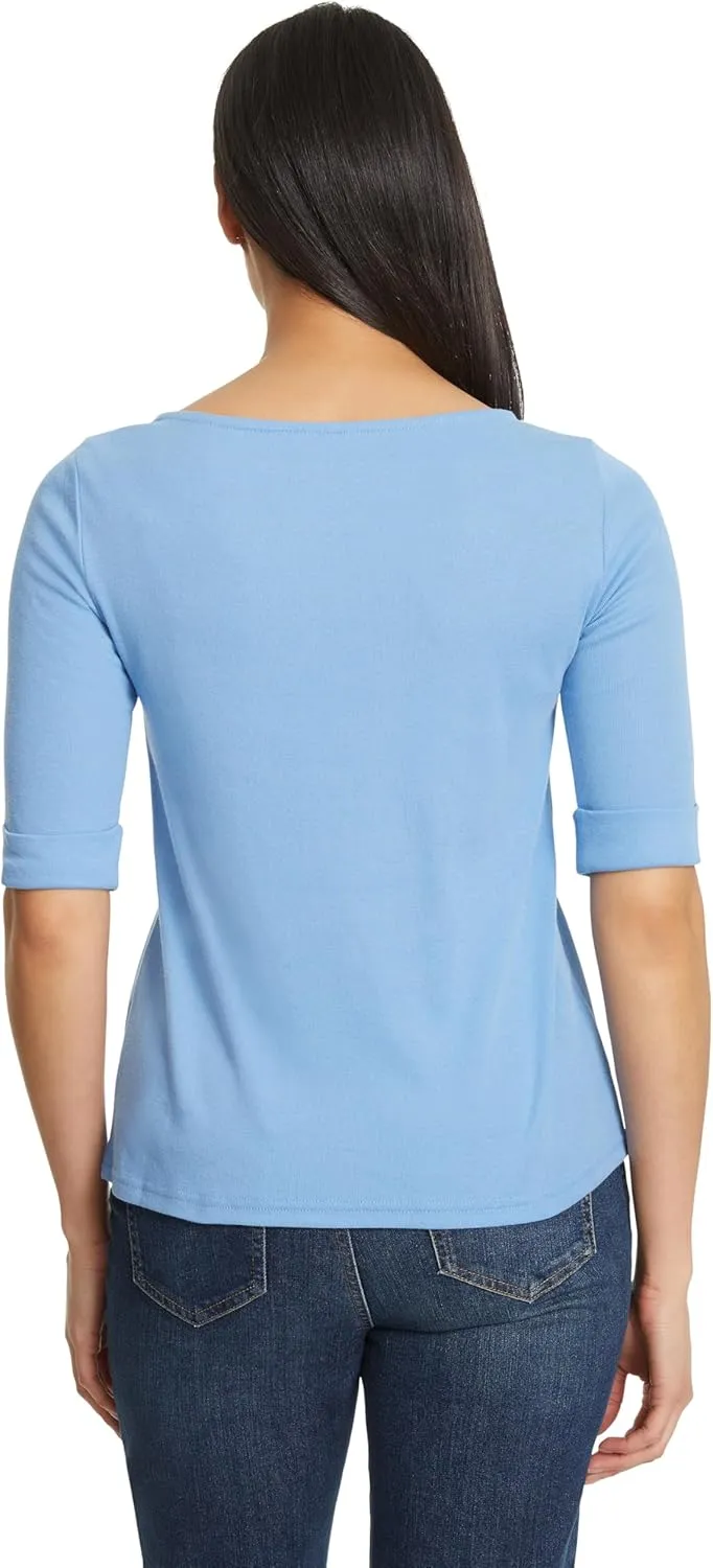 Gloria Vanderbilt Women's Alanis Boat Neck Knit Tee Shirt with Elbow Sleeves Standard
