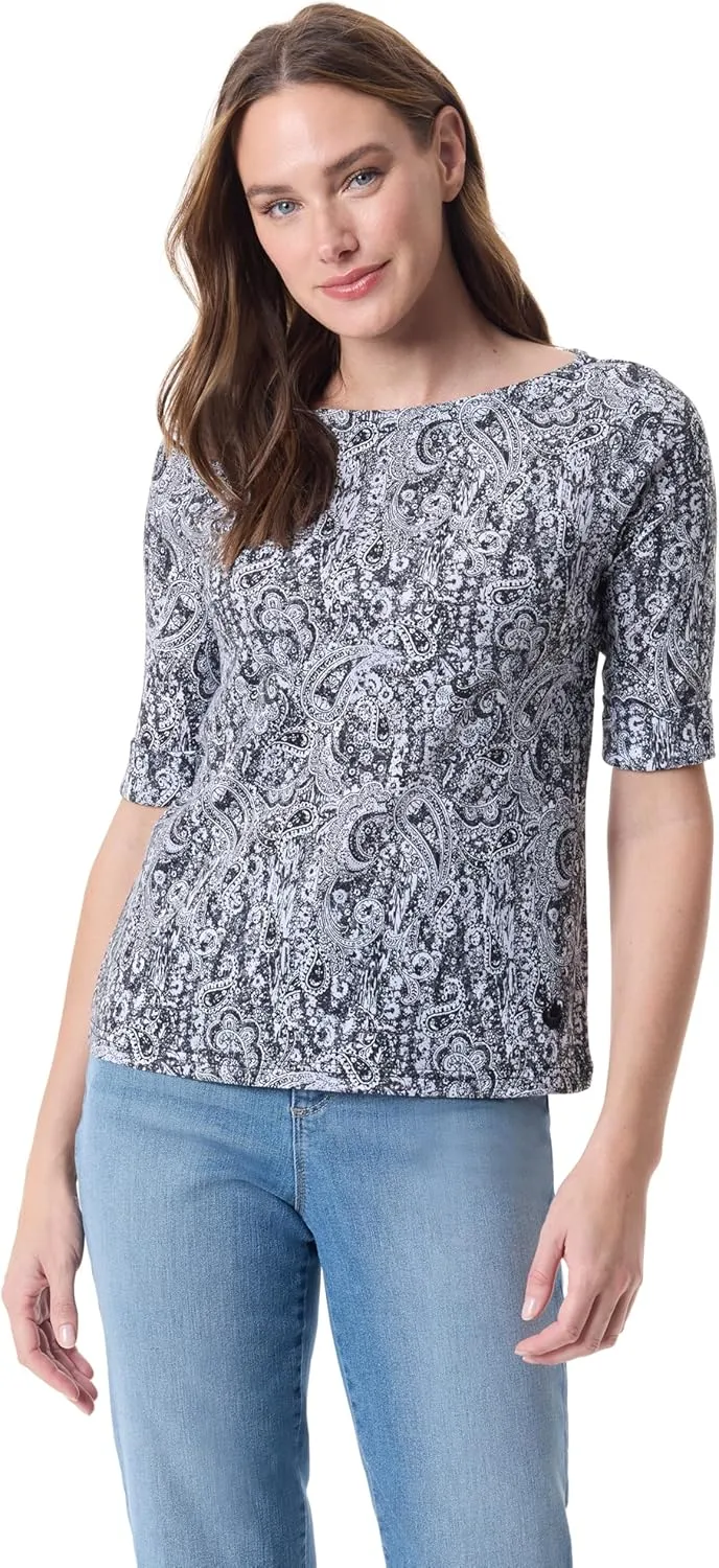 Gloria Vanderbilt Women's Alanis Boat Neck Knit Tee Shirt with Elbow Sleeves Standard