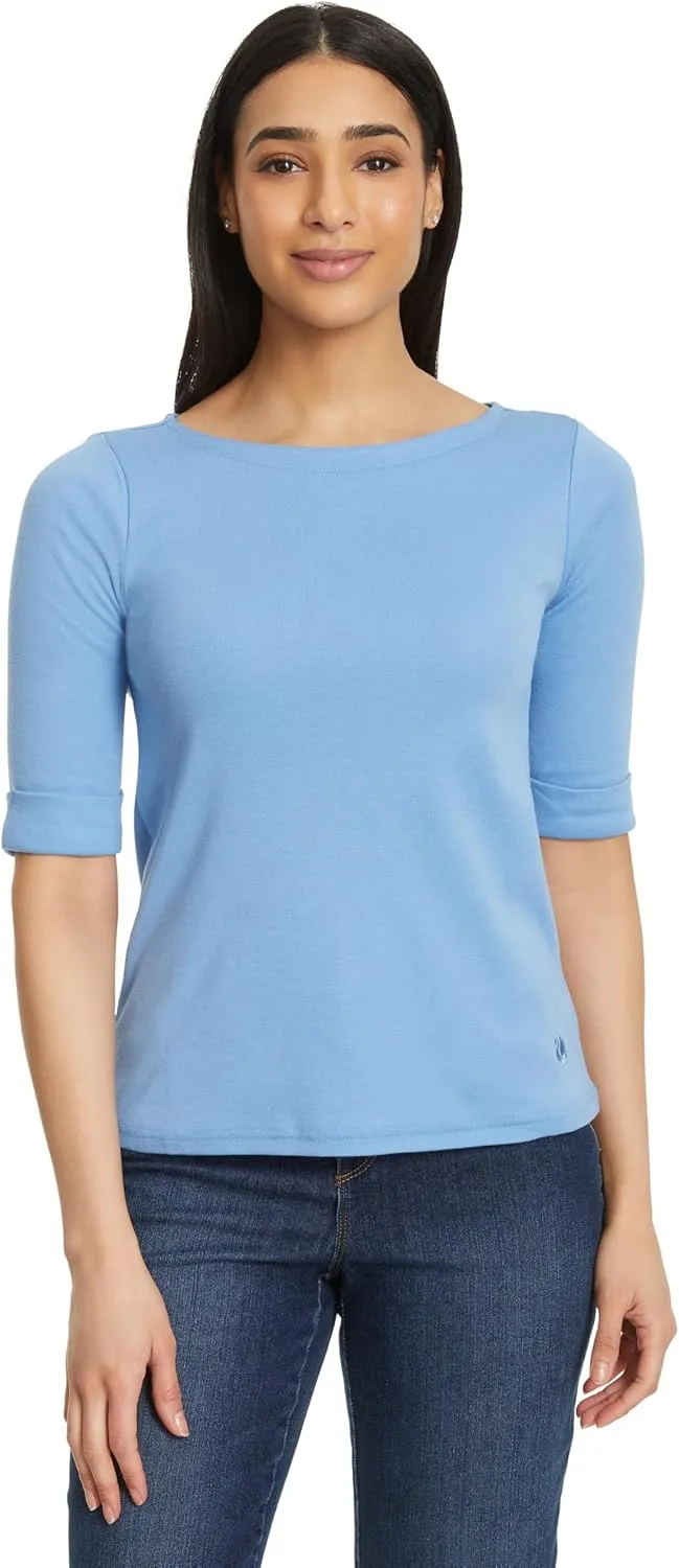 Gloria Vanderbilt Women's Alanis Boat Neck Knit Tee Shirt with Elbow Sleeves Standard