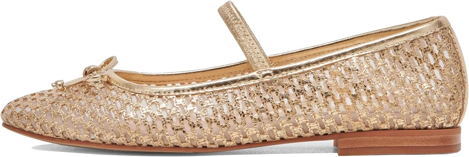 Gold Woven Mesh Flats for Women Breathable Mesh Ballet Flats with Cute Bows, Dressy Fishnet Shoes with Round Toe for Comfort and Style Size 7