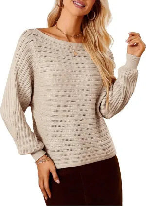 GRACE KARIN Fall Sweaters for Women 2024 Boat Neck Striped Crochet Pullover Sweater Knitted Batwing Long Sleeve Casual Tops