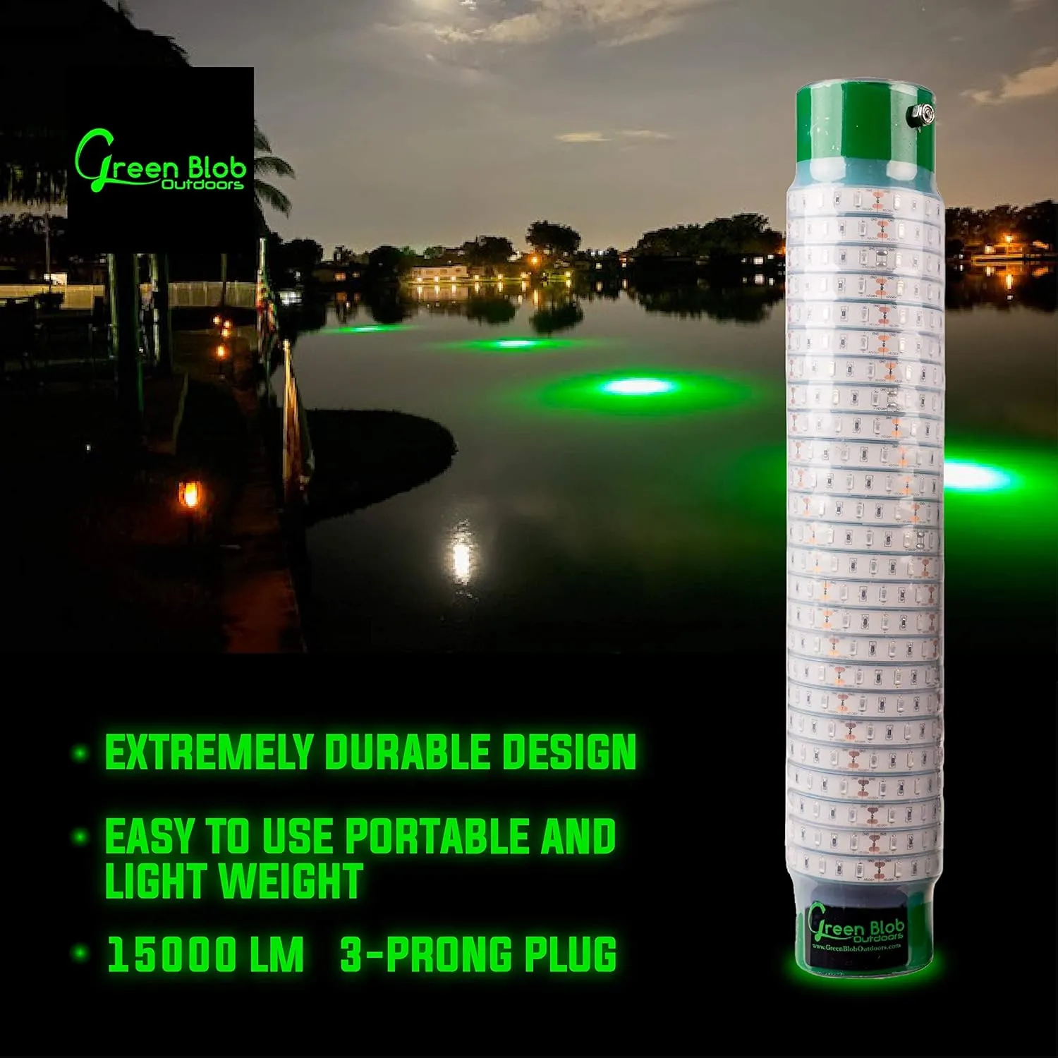 Green Blob Outdoors Underwater Fishing Lights, American Made, Docks and Boats, Brightest Fish Attractor for Snook, Bass, Crappie, Striper, Bait, Catfish and More (Green, 110V 15000 30ft)