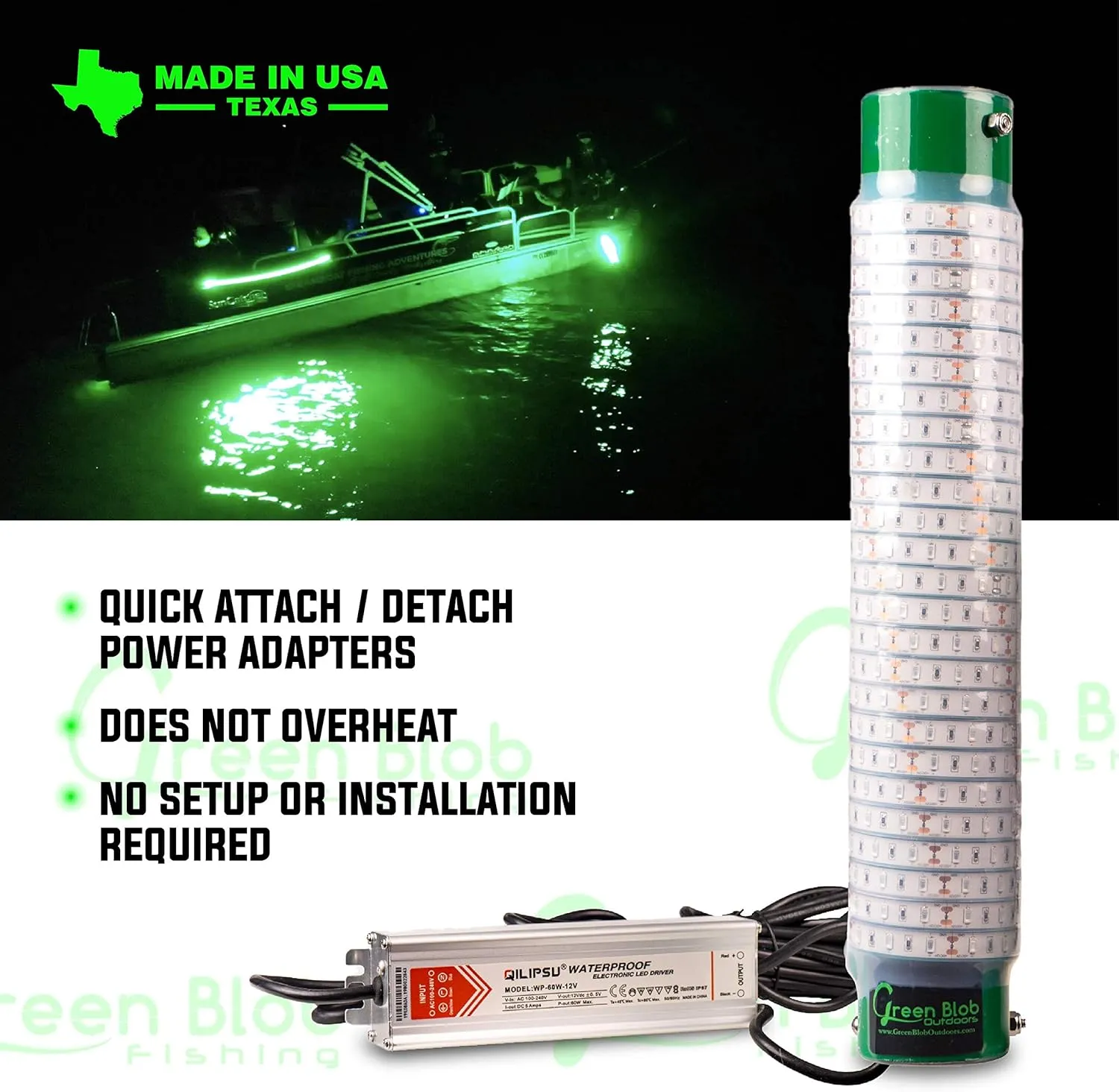 Green Blob Outdoors Underwater Fishing Lights, American Made, Docks and Boats, Brightest Fish Attractor for Snook, Bass, Crappie, Striper, Bait, Catfish and More (Green, 110V 15000 30ft)