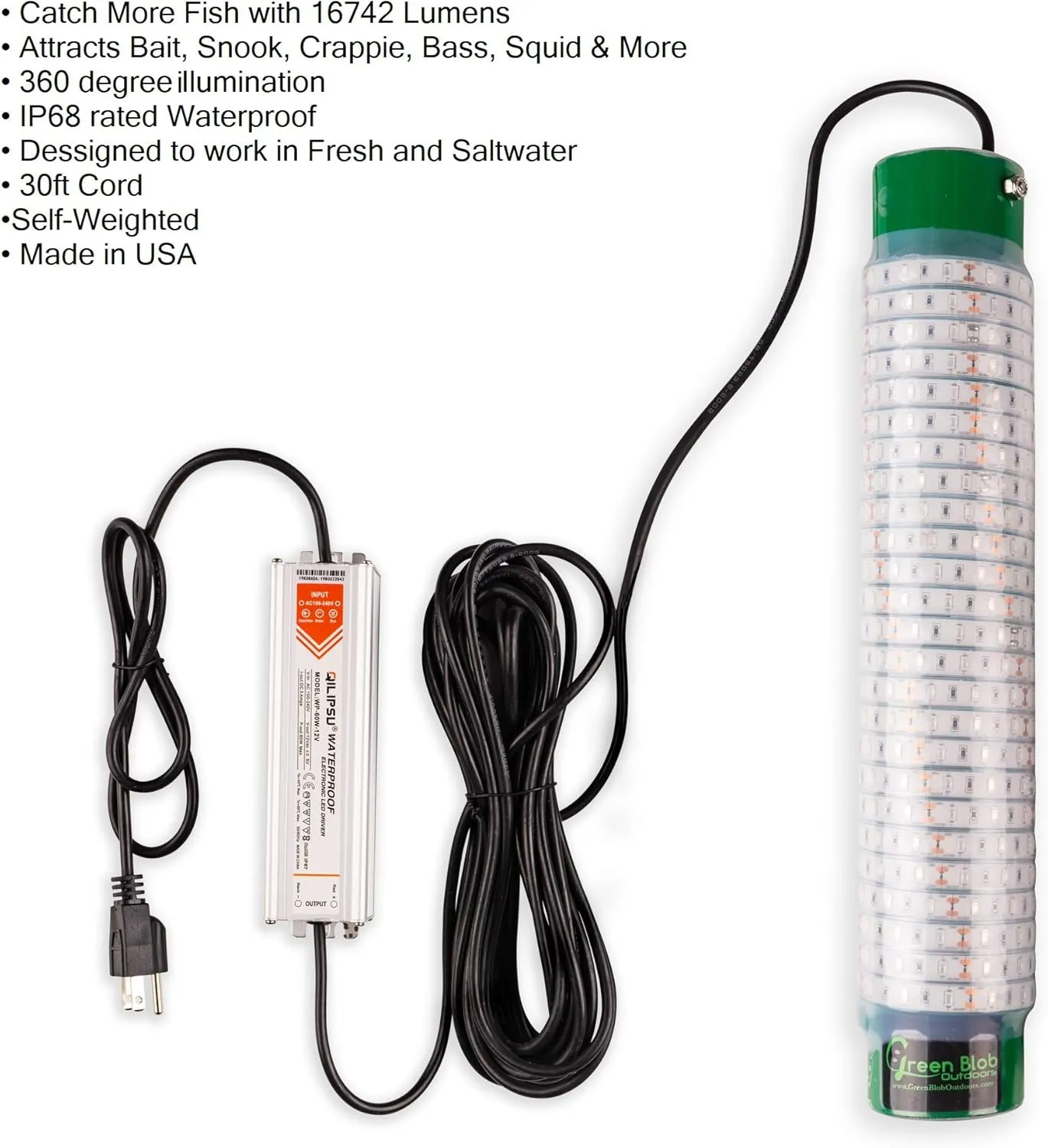 Green Blob Outdoors Underwater Fishing Lights, American Made, Docks and Boats, Brightest Fish Attractor for Snook, Bass, Crappie, Striper, Bait, Catfish and More (Green, 110V 15000 30ft)