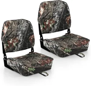 GYMAX Folding Boat Seat, 2 Pack Low Back Fishing Captain Boat Seats w/Thick Sponge Padding, Aluminum Hinges & 8 Mounting Bolts, Fold-Down Waterproof Universal Camo Boat Seat (Camouflage)