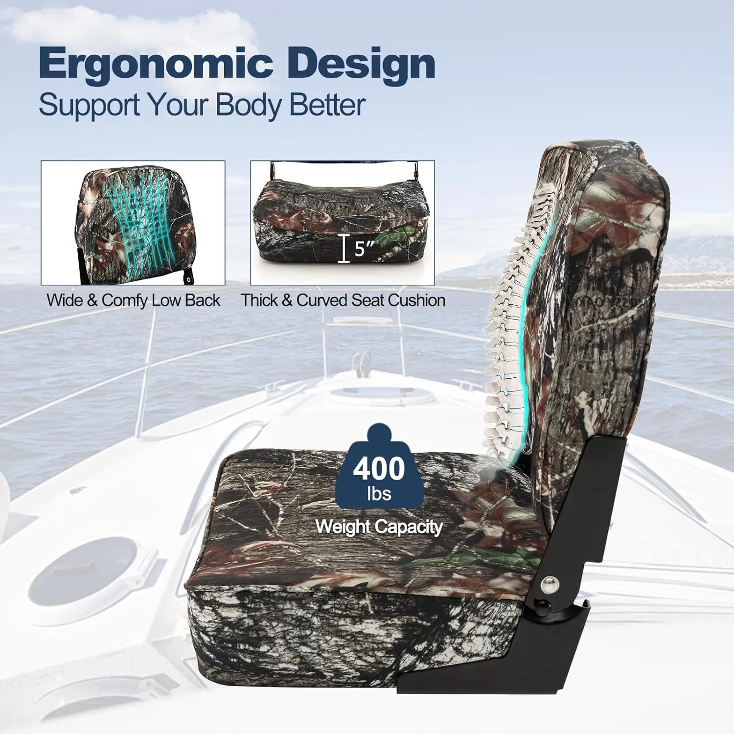 GYMAX Folding Boat Seat, 2 Pack Low Back Fishing Captain Boat Seats w/Thick Sponge Padding, Aluminum Hinges & 8 Mounting Bolts, Fold-Down Waterproof Universal Camo Boat Seat (Camouflage)