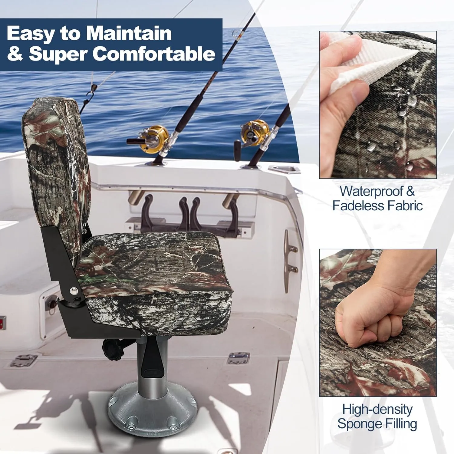 GYMAX Folding Boat Seat, 2 Pack Low Back Fishing Captain Boat Seats w/Thick Sponge Padding, Aluminum Hinges & 8 Mounting Bolts, Fold-Down Waterproof Universal Camo Boat Seat (Camouflage)