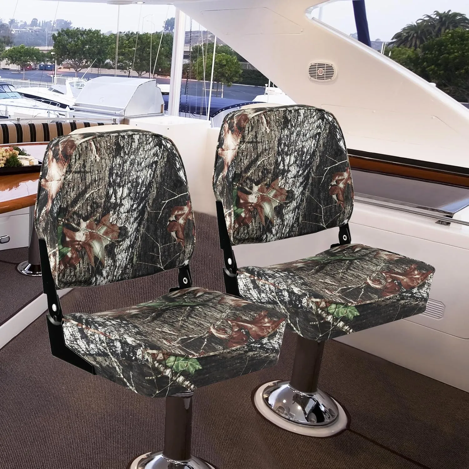 GYMAX Folding Boat Seat, 2 Pack Low Back Fishing Captain Boat Seats w/Thick Sponge Padding, Aluminum Hinges & 8 Mounting Bolts, Fold-Down Waterproof Universal Camo Boat Seat (Camouflage)