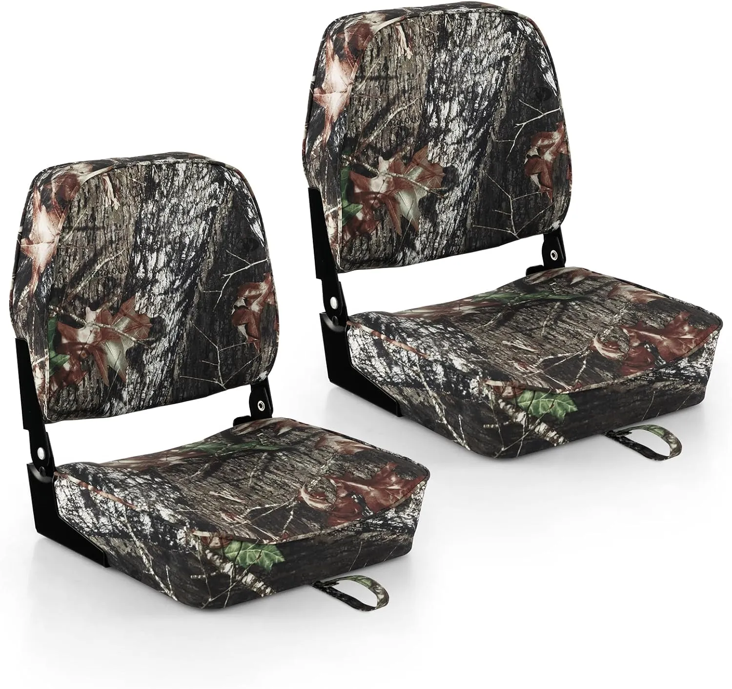 GYMAX Folding Boat Seat, 2 Pack Low Back Fishing Captain Boat Seats w/Thick Sponge Padding, Aluminum Hinges & 8 Mounting Bolts, Fold-Down Waterproof Universal Camo Boat Seat (Camouflage)