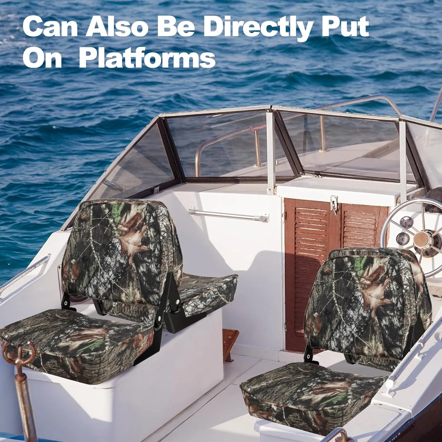 GYMAX Folding Boat Seat, 2 Pack Low Back Fishing Captain Boat Seats w/Thick Sponge Padding, Aluminum Hinges & 8 Mounting Bolts, Fold-Down Waterproof Universal Camo Boat Seat (Camouflage)