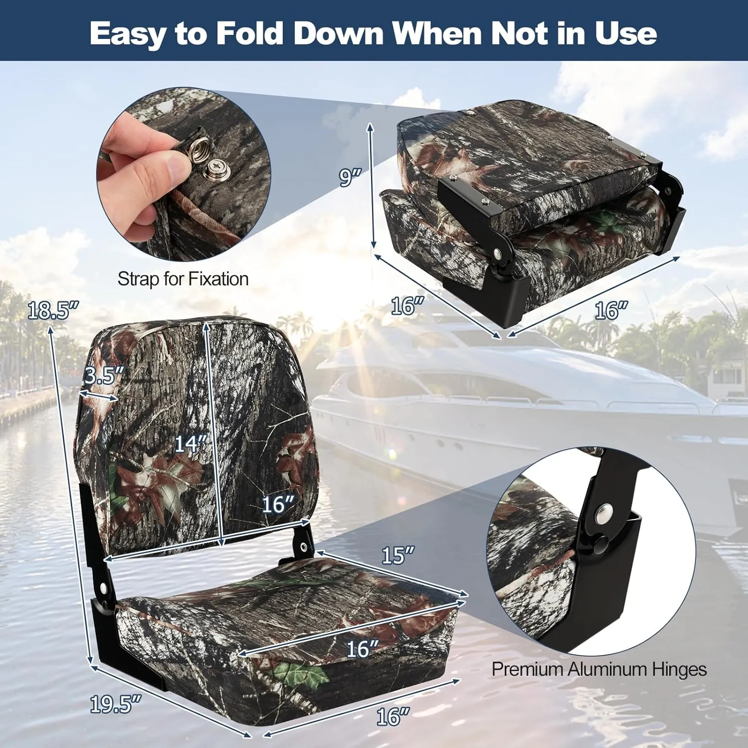 GYMAX Folding Boat Seat, 2 Pack Low Back Fishing Captain Boat Seats w/Thick Sponge Padding, Aluminum Hinges & 8 Mounting Bolts, Fold-Down Waterproof Universal Camo Boat Seat (Camouflage)