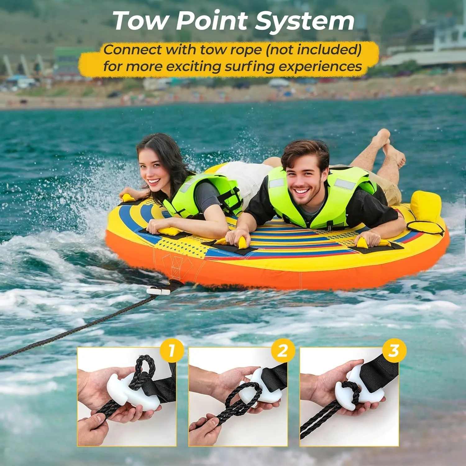 GYMAX Towable Tube for Boating, 2/3 Riders Inflatable Boat Tube for Water Sports to Pull with Padded Grip, Dual Tow Points, Full 900D Nylon Cover & Drainage System for River, Lake, Sea