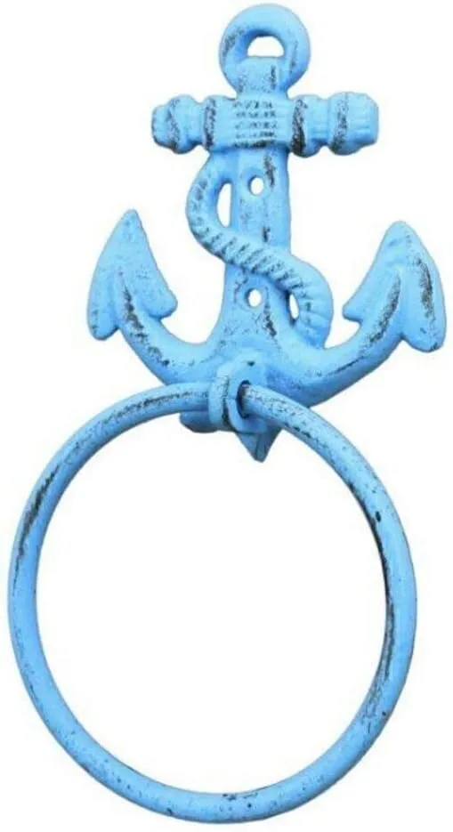 Handcrafted Nautical Decor Rustic Light Blue Cast Iron Anchor Towel Holder 8.5" - Cast Iron Decoration - A