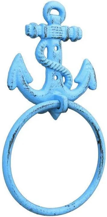 Handcrafted Nautical Decor Rustic Light Blue Cast Iron Anchor Towel Holder 8.5" - Cast Iron Decoration - A