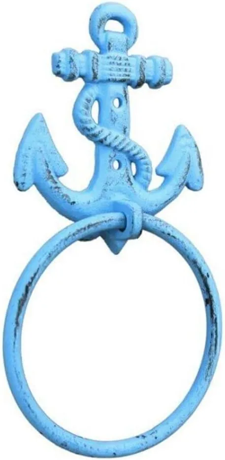 Handcrafted Nautical Decor Rustic Light Blue Cast Iron Anchor Towel Holder 8.5" - Cast Iron Decoration - A