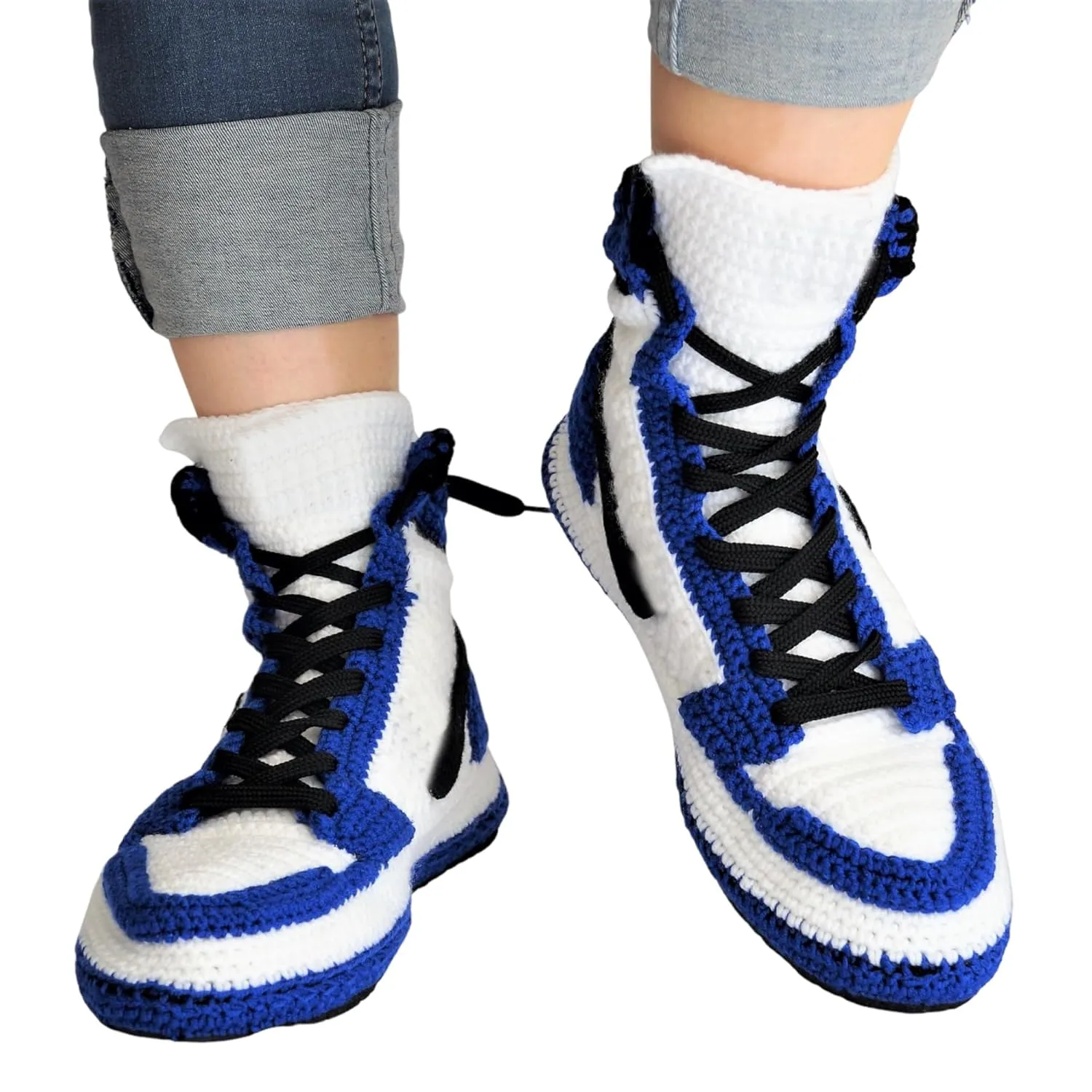 Handmade Custom Sneakers Knitted Slippers, Crochet Big Size House Comfy Blue Plush Shoes, Acorn Boot, Travel Shoes, Grippers Fuzzy Comfy Winter Socks
