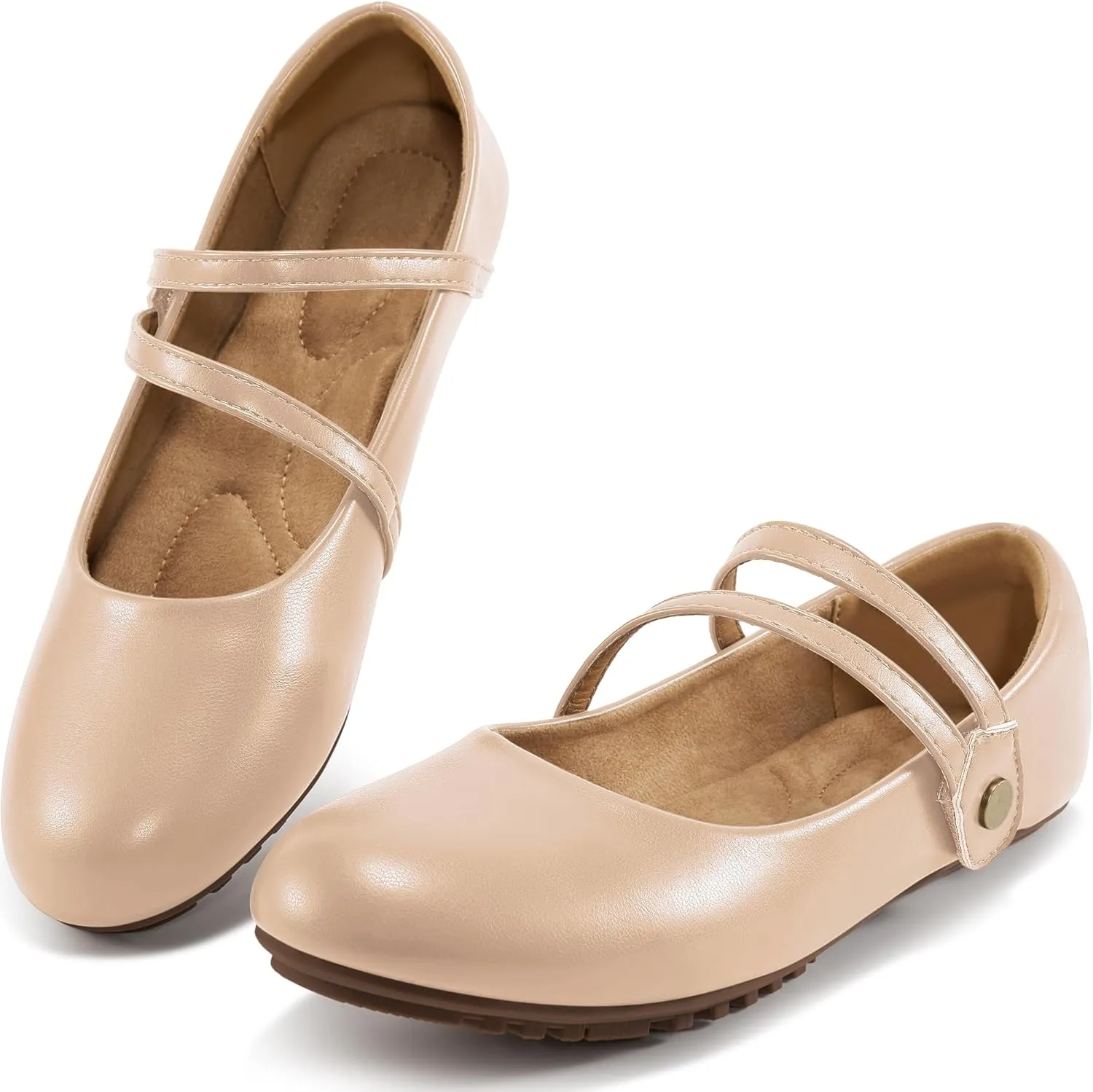 HARENCE Ballet Flats Shoes for Women: Dressy Round Toe Double Strap Flats Comfortable Slip On Work Shoes for Wedding Driving