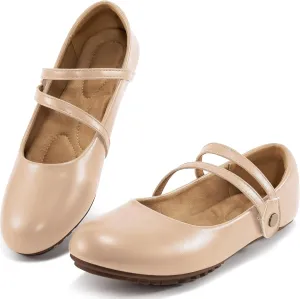 HARENCE Ballet Flats Shoes for Women: Dressy Round Toe Double Strap Flats Comfortable Slip On Work Shoes for Wedding Driving