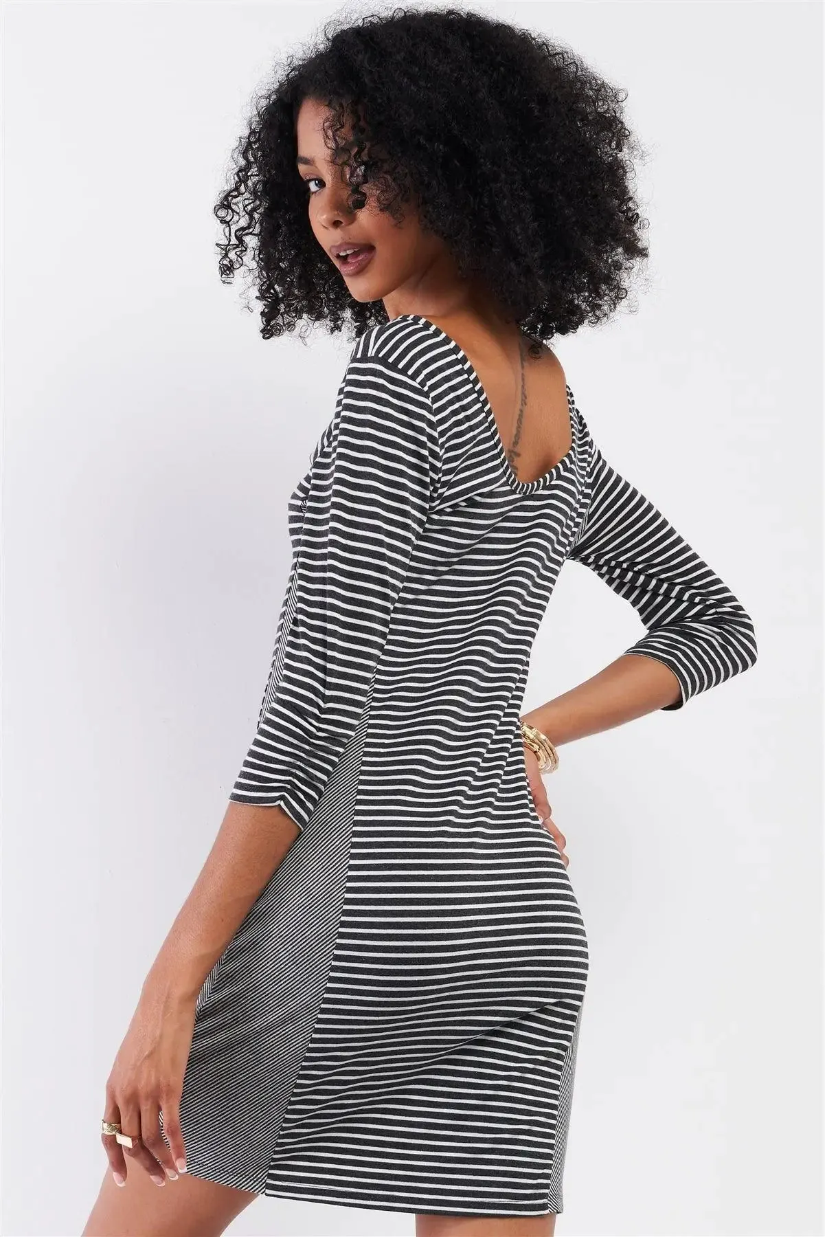 Heather Grey Multi-Striped Boat Neck 3/4 Sleeve Fitted Mini Dress /2-2-2