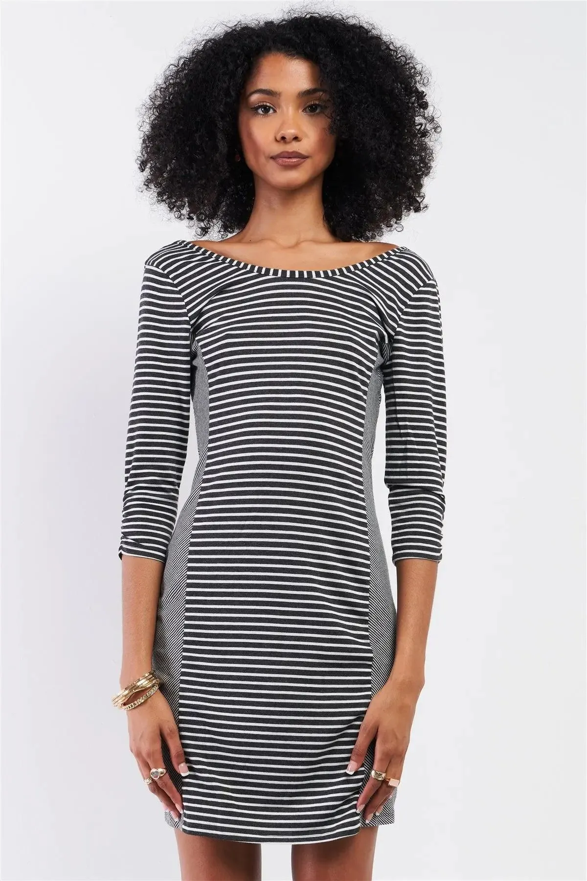 Heather Grey Multi-Striped Boat Neck 3/4 Sleeve Fitted Mini Dress /2-2-2